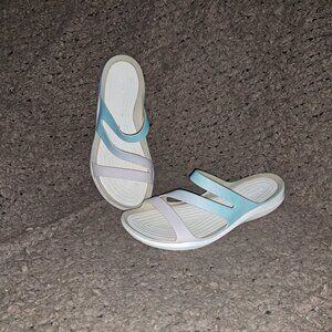 CROCS-Kadee II Sandals-Purple Blue Ombre with Wavy Lines-Sz 8-Excellent